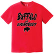 Red Buffalo football t-shirt featuring ‘Buffalo vs. Everybody’ graphic in bold outlined lettering with buffalo silhouette underneath, casual game day fan apparel.