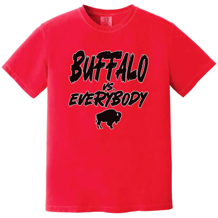 Red Buffalo football t-shirt featuring ‘Buffalo vs. Everybody’ graphic in bold outlined lettering with buffalo silhouette underneath, casual game day fan apparel.