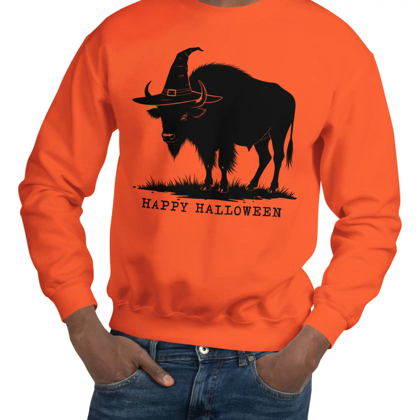 Man wearing an orange Buffalo NY Halloween sweatshirt featuring a black buffalo silhouette in a witch hat, unique seasonal apparel for showing hometown spirit.