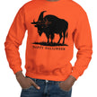 Man wearing an orange Buffalo NY Halloween sweatshirt featuring a black buffalo silhouette in a witch hat, unique seasonal apparel for showing hometown spirit.