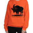 Woman wearing an orange Buffalo Halloween sweatshirt with a playful black buffalo wearing a witch hat graphic, festive fall fashion inspired by Buffalo NY.