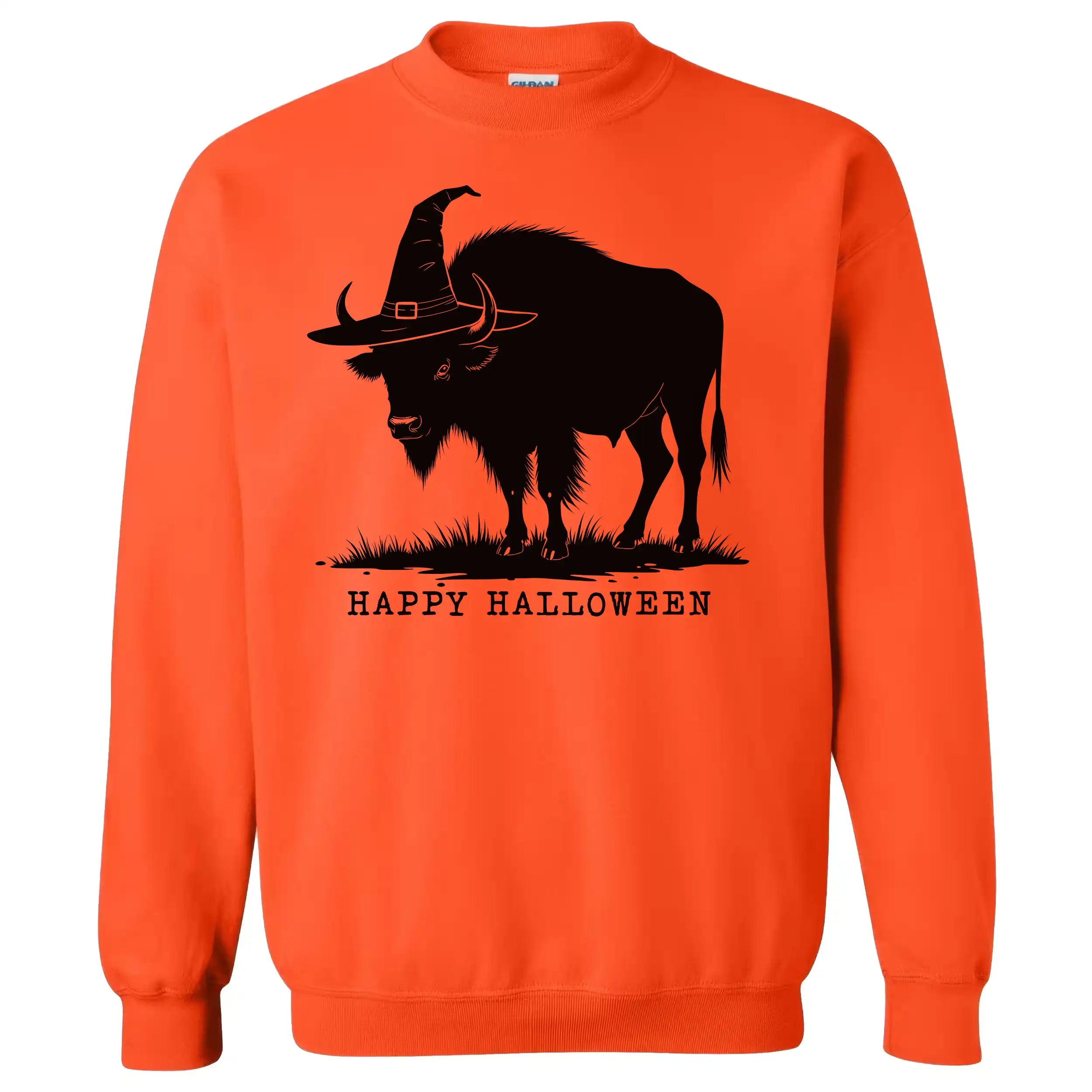 Orange Buffalo NY Halloween sweatshirt featuring a bold black buffalo silhouette wearing a witch hat, a fun fall design celebrating hometown pride with a spooky twist.