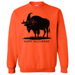 Orange Buffalo NY Halloween sweatshirt featuring a bold black buffalo silhouette wearing a witch hat, a fun fall design celebrating hometown pride with a spooky twist.