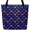 Cute navy blue Buffalo football tote bag featuring an all-over pattern of alternating tiny red white and blue buffaloes with miniature brown footballs, perfect for groceries, shopping, or everyday essentials.