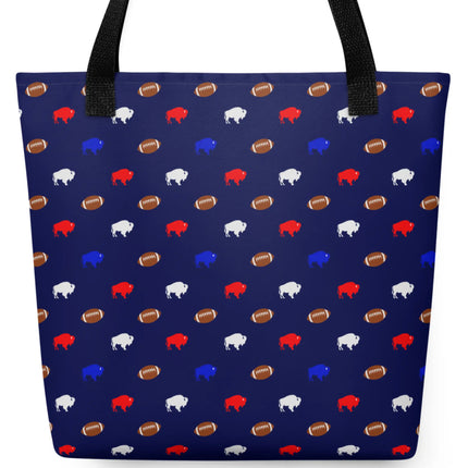 Cute navy blue Buffalo football tote bag featuring an all-over pattern of alternating tiny red white and blue buffaloes with miniature brown footballs, perfect for groceries, shopping, or everyday essentials.