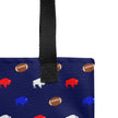 Close-up view of the handles on a cute Buffalo football tote bag featuring a repeating red white and blue buffalo and brown football pattern.