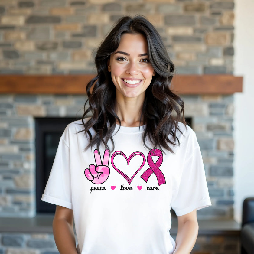 Model wearing white “Peace, Love, Cure” t-shirt in a casual lifestyle setting, confidently showing support for breast cancer awareness