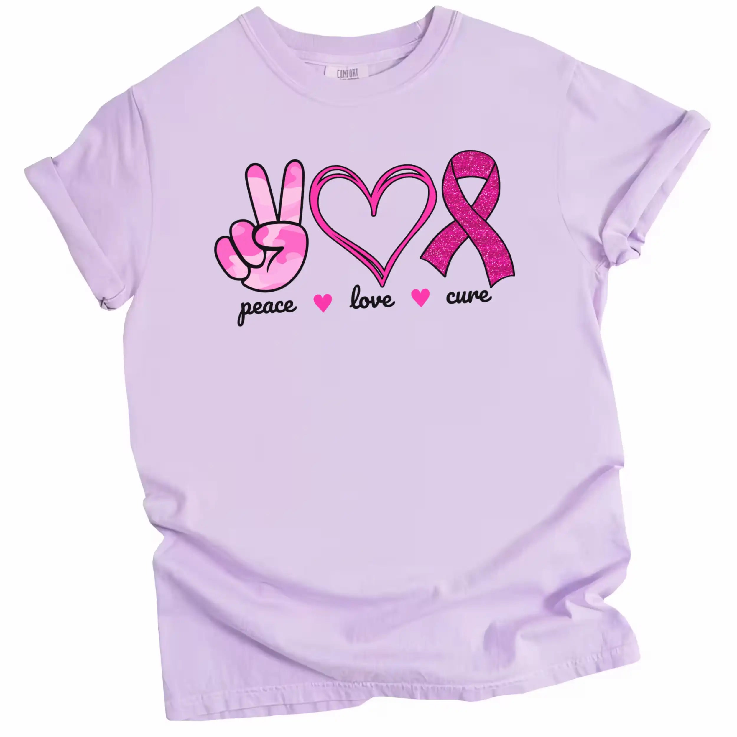 Purple “Peace, Love, Cure” t-shirt flat lay featuring pink peace hand, double-heart, and glittery ribbon icons with uplifting cause message