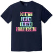 Rainbow Pride graphic tee in navy, ‘Can’t Even Think Straight’ cutout lettering design, cute and expressive shirt.
