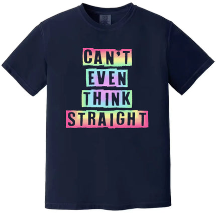 Rainbow Pride graphic tee in navy, ‘Can’t Even Think Straight’ cutout lettering design, cute and expressive shirt.