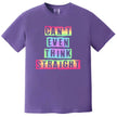 Cute Pride graphic tee in purple with ‘Can’t Even Think Straight’ text in rainbow cutout lettering, fun and colorful shirt.