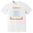 Bright Pride t-shirt in white, rainbow cutout lettering reading ‘Can’t Even Think Straight,’ cute and colorful graphic tee.
