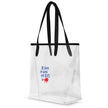 Angled view of clear TPU Buffalo football tote bag displaying ‘Be Good Do Good God Bless Go Buffalo’ quote with red buffalo graphic and black carrying straps.