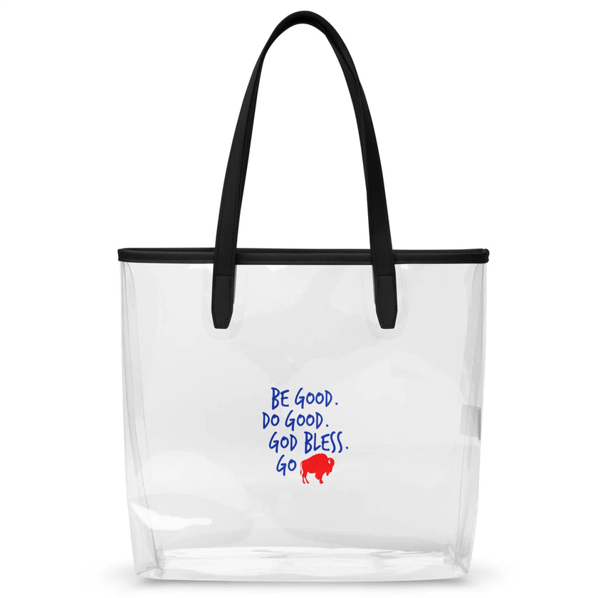 Clear TPU Buffalo football stadium tote bag featuring ‘Be Good Do Good God Bless Go Buffalo’ quote in blue lettering with red buffalo silhouette and black handles, stadium-compliant game day bag.