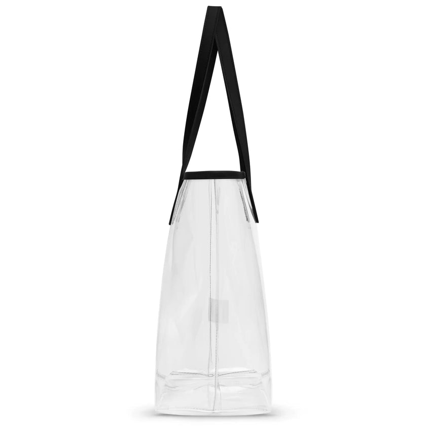 Side view of clear TPU Buffalo football stadium tote bag showing transparent construction, black handles, and Buffalo-inspired game day design.