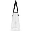 Side view of clear TPU Buffalo football stadium tote bag showing transparent construction, black handles, and Buffalo-inspired game day design.