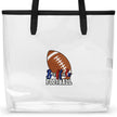 Close-up view of clear TPU Buffalo football stadium tote bag featuring Buffalo design with brown football graphic and ‘Buffalo Football’ lettering in blue and red white and blue team colors, transparent game day bag detail.