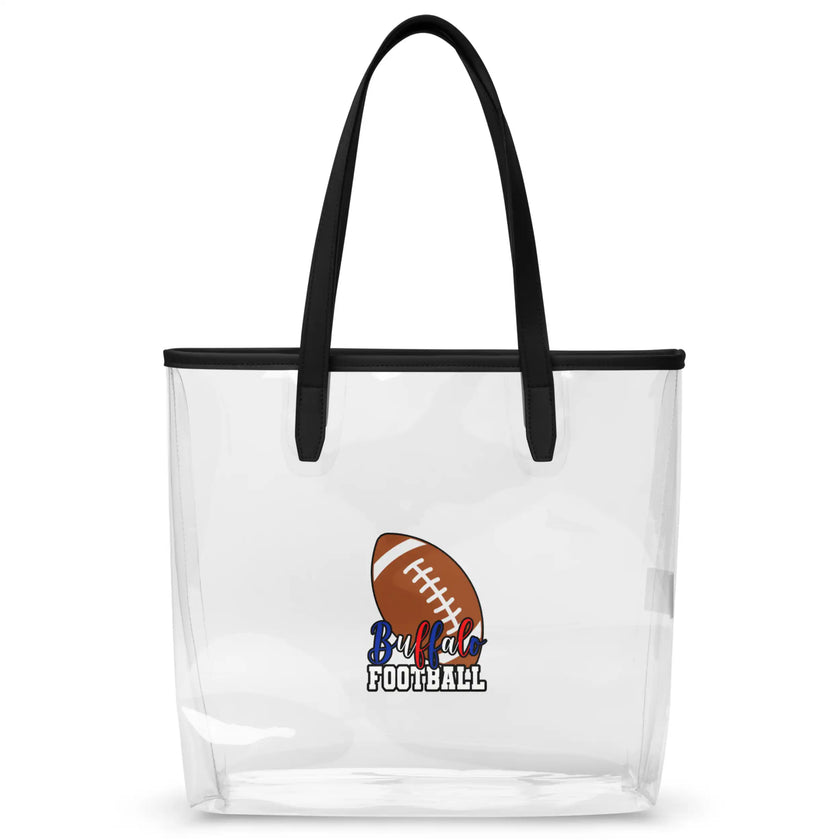 Front view of clear TPU Buffalo football stadium tote bag with brown football design and Buffalo Football team graphics in blue and red white and blue lettering, compliant clear stadium bag.