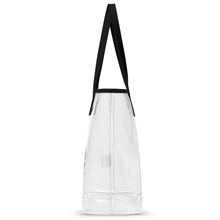Side view of clear TPU Buffalo football stadium tote bag showing transparent durable construction with Buffalo football themed print, brown football graphic, and black handles.