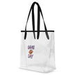 Angled view of clear TPU stadium tote bag purse with brown football graphic and Game Day lettering in red white and blue team colors, perfect for football game day use.