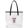 Clear TPU stadium tote bag featuring brown football graphic and bold Game Day lettering in red white and blue team colors, stadium-approved clear bag with black handles.