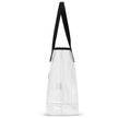 Side view of large clear TPU stadium tote bag showing transparent construction, black handles, and football-themed Game Day design meeting clear bag policy requirements.