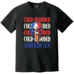 Cold-Blooded American t-shirt in black, skull ice cream cone dripping red white blue design with distressed layered text, edgy patriotic graphic tee.