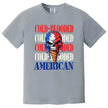 Edgy patriotic graphic tee in grey, skull ice cream cone with red white blue melt effect and distressed ‘Cold-Blooded American’ lettering
