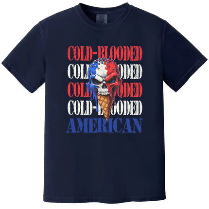Cold-Blooded American shirt in navy, skull ice cream cone graphic with dripping red white blue design and distressed layered text