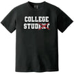 Funny college varsity tee in black, ‘College Stud’ design with crossed-out lettering and red X, sarcastic campus humor shirt.