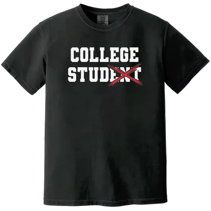 Funny college varsity tee in black, ‘College Stud’ design with crossed-out lettering and red X, sarcastic campus humor shirt.