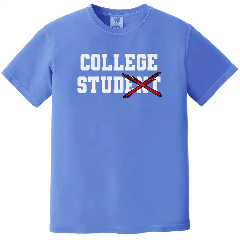 College humor t-shirt in blue, varsity-style ‘College Stud’ design with crossed-out text and bold graphic lettering.