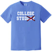 College humor t-shirt in blue, varsity-style ‘College Stud’ design with crossed-out text and bold graphic lettering.