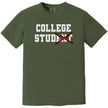 College Stud graphic tee in green, varsity lettering with red X crossing out text, funny college student humor shirt.
