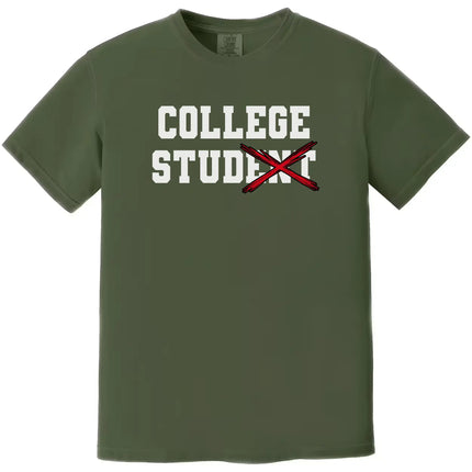 College Stud graphic tee in green, varsity lettering with red X crossing out text, funny college student humor shirt.