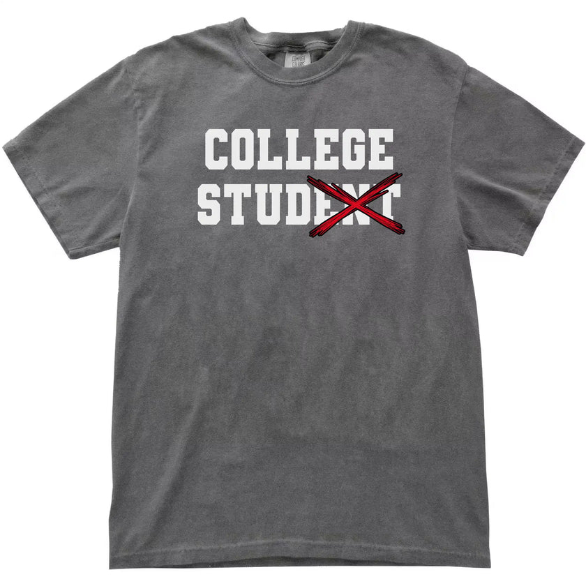 College Stud varsity t-shirt in grey, bold white lettering with crossed-out text and red X design, funny college humor graphic tee.