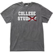 College Stud varsity t-shirt in grey, bold white lettering with crossed-out text and red X design, funny college humor graphic tee.