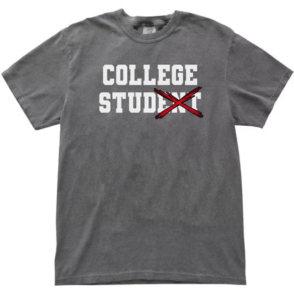 College Stud varsity t-shirt in grey, bold white lettering with crossed-out text and red X design, funny college humor graphic tee.
