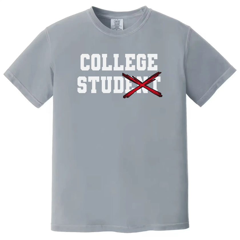 Funny varsity college t-shirt in light grey, crossed-out ‘student’ text design reading ‘College Stud,’ casual humor tee