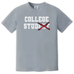 Funny varsity college t-shirt in light grey, crossed-out ‘student’ text design reading ‘College Stud,’ casual humor tee