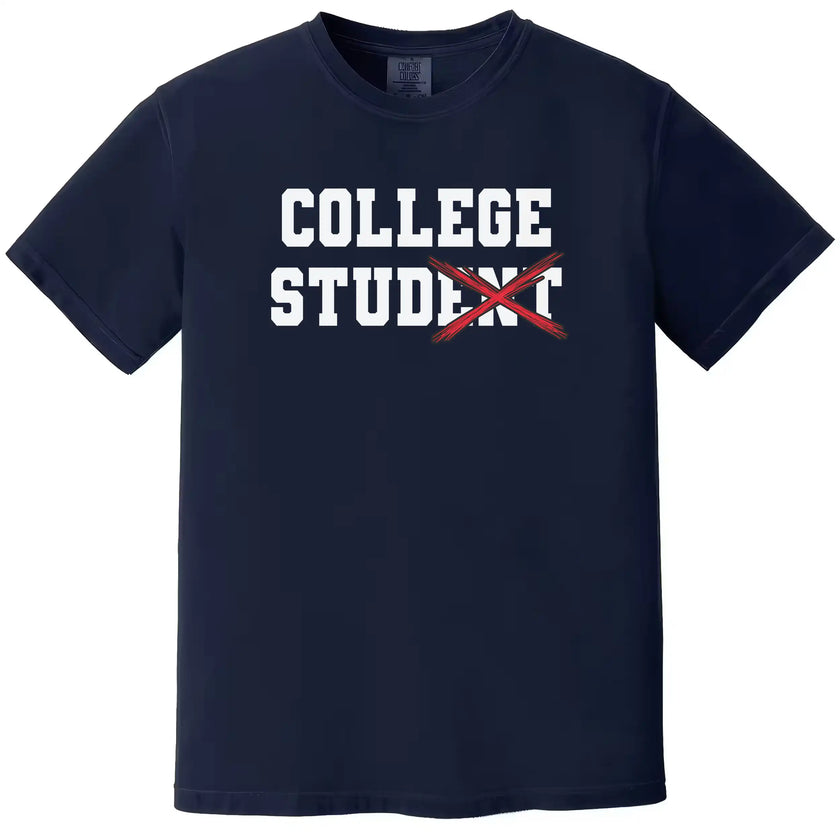 College Stud varsity shirt in navy, bold lettering with crossed-out text and red X, funny college campus graphic tee.