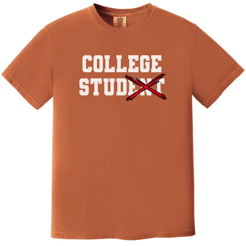 Funny college t-shirt in orange, varsity ‘College Stud’ design with crossed-out lettering, bold campus humor shirt.