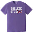 College Stud graphic tee in purple, varsity-style lettering with crossed-out text and red X, funny student humor shirt.