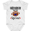 Grey baby onesie with a funny Buffalo football design that says ‘Daddy Loves Me More Than Buffalo Football,’ featuring a football buffalo graphic and sweet red heart accents.