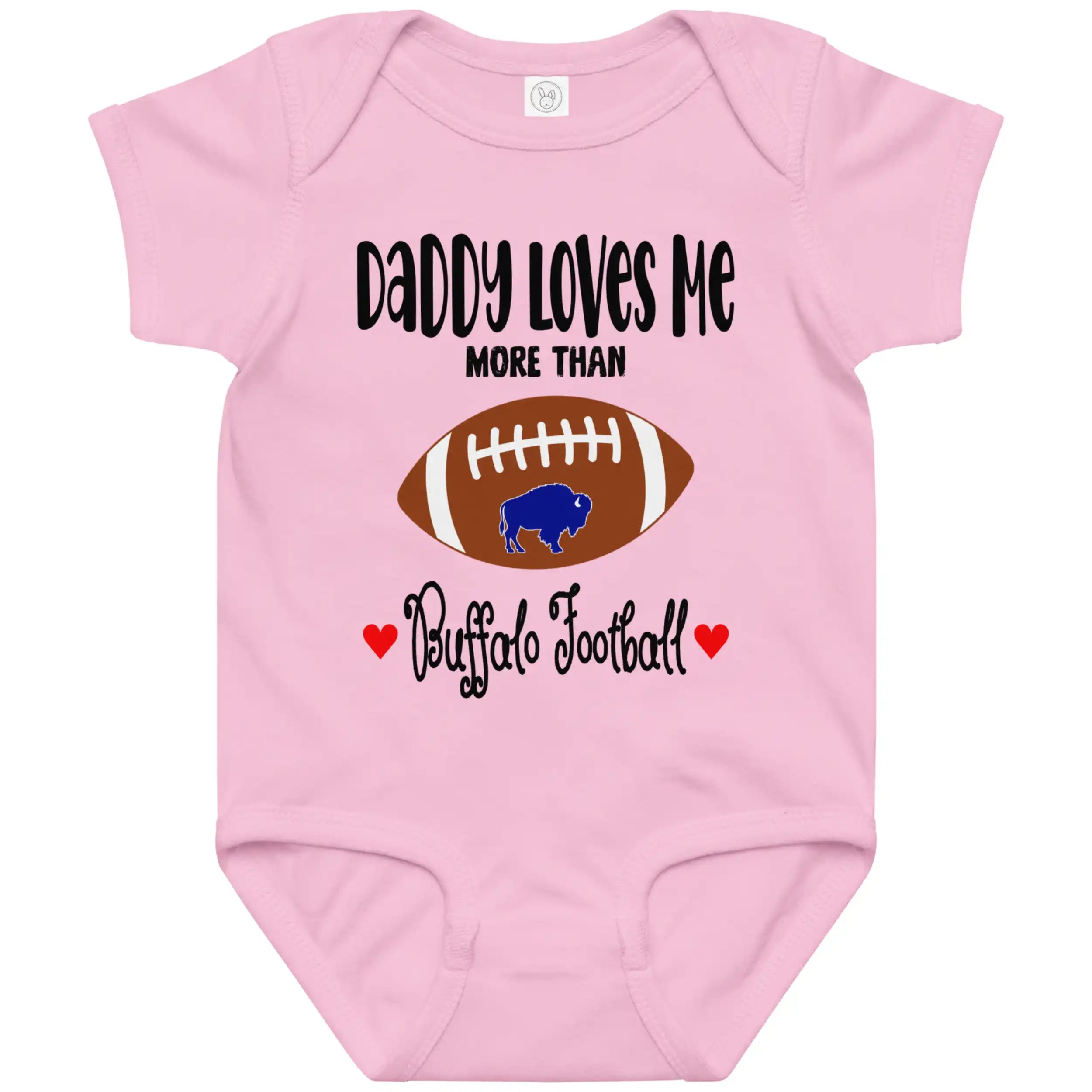 Pink baby bodysuit showcasing a cute Buffalo football graphic with ‘Daddy Loves Me More Than Buffalo Football’ wording, surrounded by charming hearts for a playful baby fan look.