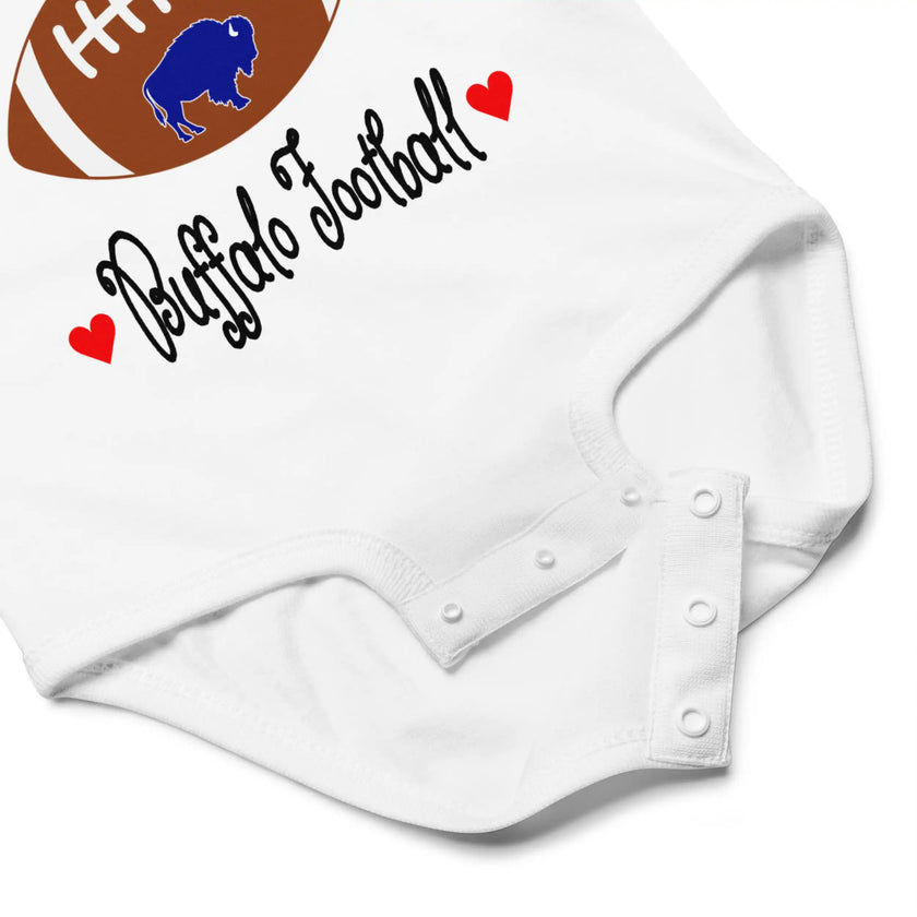 Close-up view of baby bodysuit snaps showing the quality details of this adorable Buffalo football infant outfit, designed for easy changes and everyday comfort.
