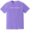 Purple “People Aren’t Profit Margins” t-shirt flat lay highlighting clean minimalist text and advocacy-focused design