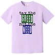 Purple “Tax the Greed, Not the Need” t-shirt flat lay with clean newsprint-style lettering and bold block letters for a cause-driven statement