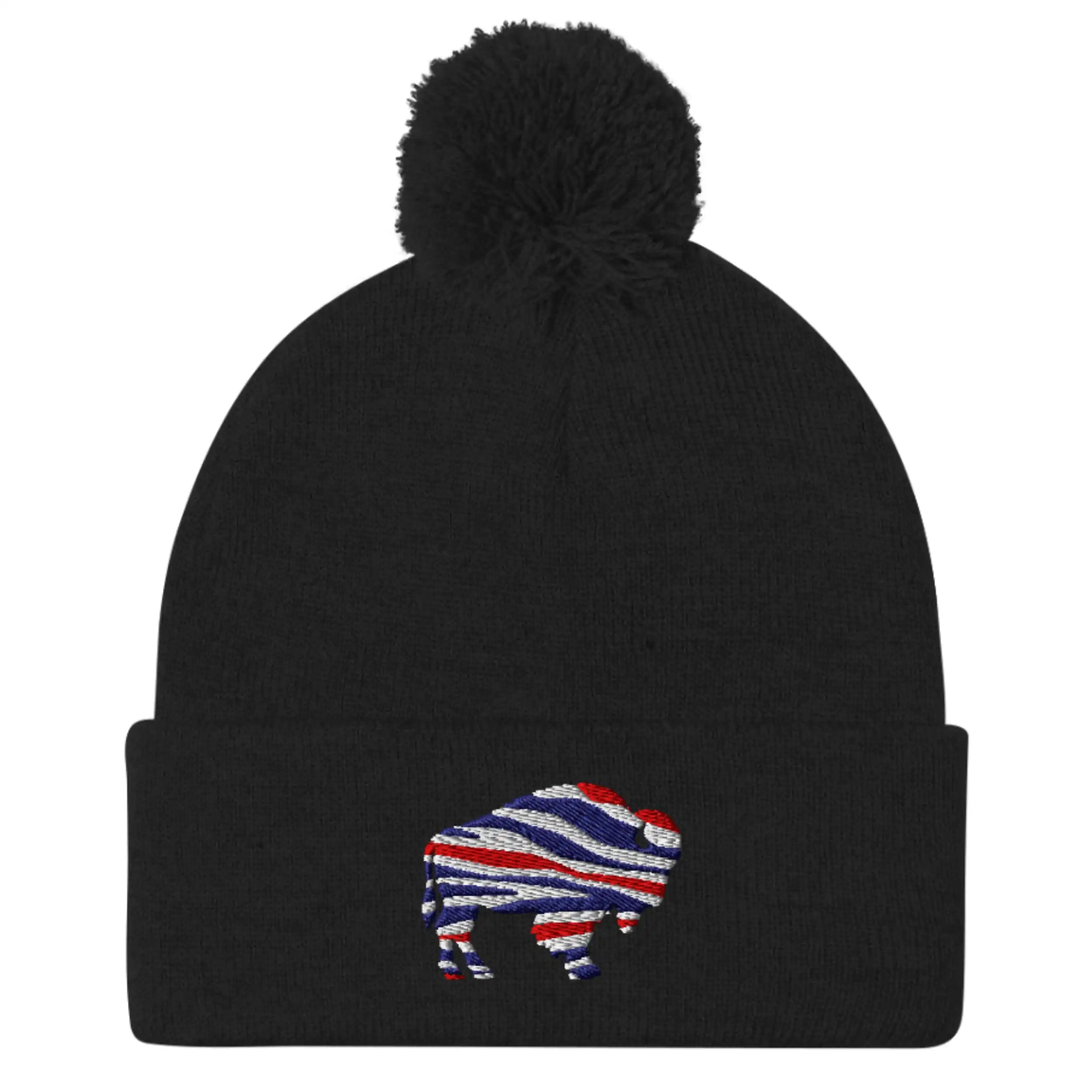 Black puffball pom pom beanie featuring embroidered Buffalo silhouette with red white blue football team color stripes, warm Buffalo winter hat.