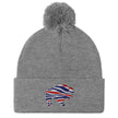 Grey puffball beanie featuring embroidered Buffalo silhouette with red white blue striped football team colors, cozy Buffalo winter hat.